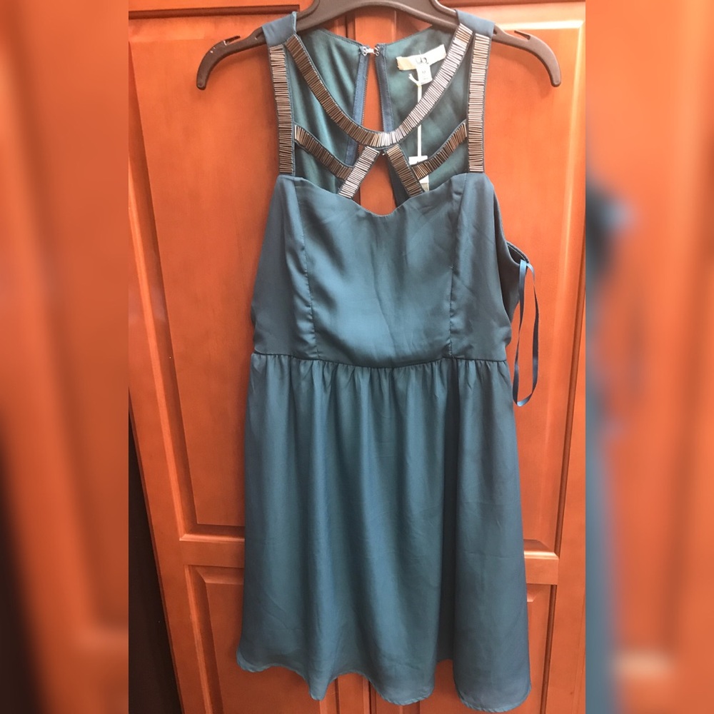 Silver Beaded Teal Mini Dress